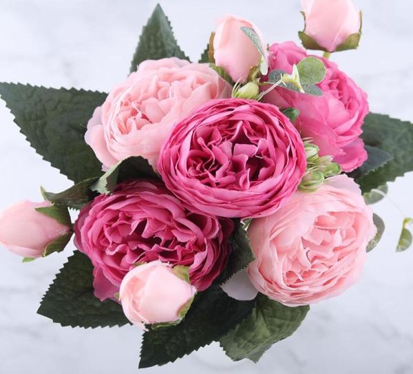 30 cm rose rose Silk Peony Fleurs artificielles Bouquet 5 Big Head et 4 Bud Fausses pas cher fleurs pour la décoration de mariage à la maison Intérieur 307972995