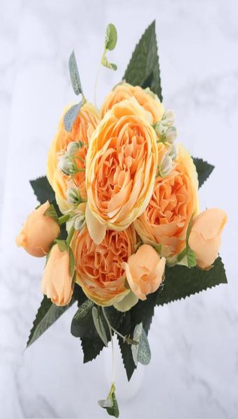 30 cm Rose Rose Soie Pivoine Fleurs Artificielles Bouquet 5 Grosse Tête et 4 Bourgeons Fausses Fleurs Pas Cher pour La Décoration De Mariage À La Maison indoor3042655