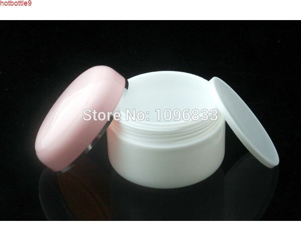 Pot de crème cosmétique blanc de 30 g avec bande argentée à capuchon rose, contenant de boîte d'emballage en plastique à double couche de haute qualité, 50pcs / Lothigh quatity