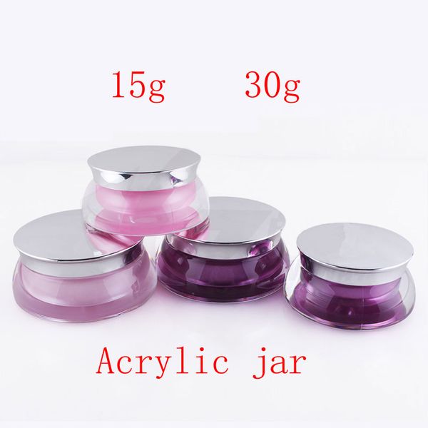 Récipient acrylique vide de crème de soin de peau de 30g X 12 pots cosmétiques acryliques de forme de pétoncle de 15ml, pot cosmétique de couleur pourpre rose
