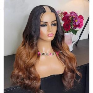 30Inches Long 1x4 Black Roots Ombre Caramel Brown U Part Perruques de cheveux humains avec 6Clips Glueless Opening Remy V Shape Wigs Easy Wear