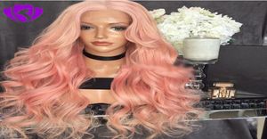 30 inch lange body wave perzik roze synthetische lace front pruiken voor vrouwen met middenscheiding lijmloze hittebestendige vezel hair2418438