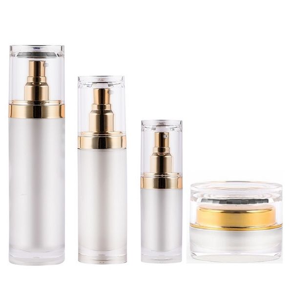 30ml 100ml Vide Blanc Acrylique Lotion Bouteille Or Pompe Couvercle Transparent De Luxe Soins De La Peau Crème Pots 20g 30g 50g Portable Cosmétique Crème Pour Le Visage Pots Récipient Rechargeable