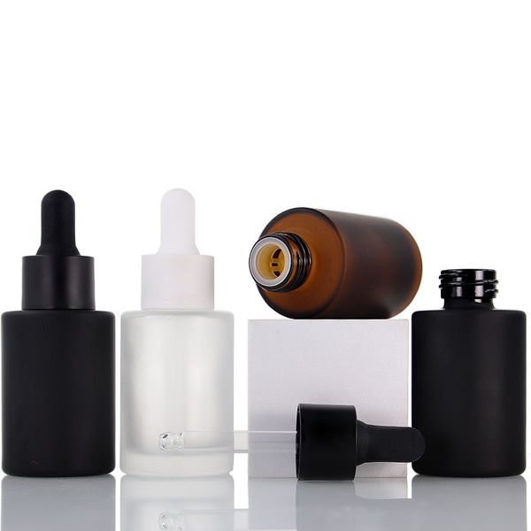 30ml 1oz Frosted Amber Black Clear Glass Aceite esencial Botellas de perfume Flat Shoulder Eye Dropper botella con tapa de pipeta de reactivo mate / brillante negro / blanco