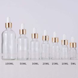 30ml 20ml 15ml Frosted Clear Dropper Packaging Bottle Vacío 5-100ml Aceite esencial Botellas de vidrio Suero con Gold Sliver Black Cap Venta al por mayor 100pcs
