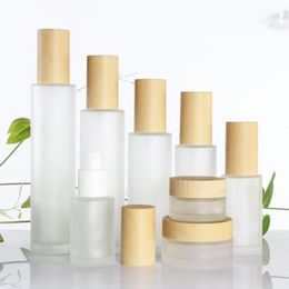 30 ml 40 ml 60 ml 80 ml 100 ml matglas cosmetische pot fles gezicht Cream Pot Lotion Spray Pump flessen met plastic imitatie bamboe deksels