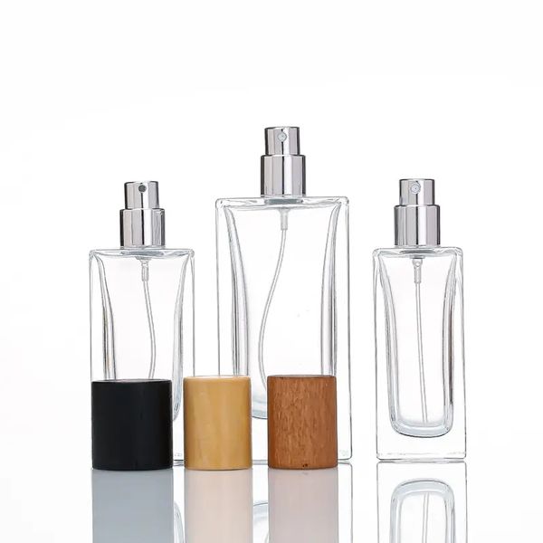 30 ml 50 ml 100 ml Bouteille de parfum en verre en forme de carré vide à couvercles en bois avec couvercles en bois