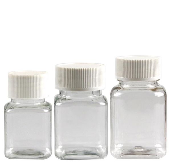 Botella de PET cuadrada transparente de 30 ml, 50 ml, 80 ml, botella de embalaje, botella de cápsula, botellas de plástico con tapa blanca SN3270