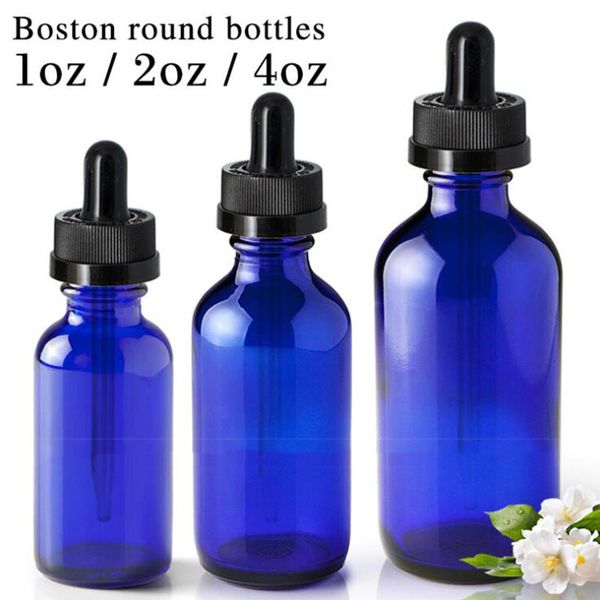 Botella cuentagotas de vidrio azul cobalto de 30ml, 60ml, 120ml con cuentagotas para aceites esenciales, aromaterapia, contenedores vacíos redondos de Boston