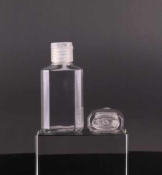Bouteille en plastique PET vide de 30 ml 60 ml avec capuchon rabattable, forme carrée transparente, désinfectant pour les mains, stockage rechargeable d'alcool pour voyage7472575