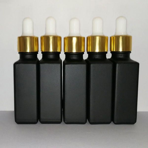 Flacons compte-gouttes de pipette de réactif en verre dépoli noir de 30 ml Bouteille de parfum d'huile essentielle carrée Huiles de fumée e bouteille liquide avec bouchon en or Gfbkv