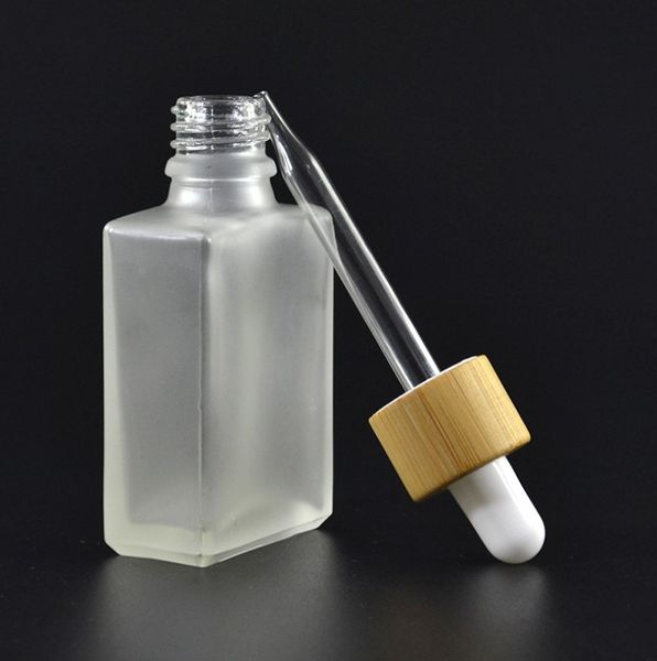 Flacons compte-gouttes en verre transparent/dépoli de 30ml, Pipette de réactif liquide, bouteille carrée de parfum d'huile essentielle, bouchon de fumée en bambou