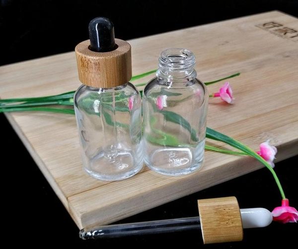 30ml verre clair huile essentielle compte-gouttes bouteille cosmétique pipette conteneur emballage bouteille écologique en bois bambou lid1211925