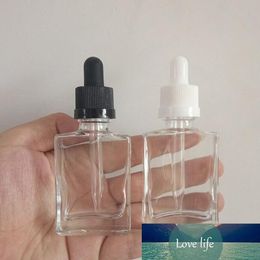 Botellas cuadradas transparentes de 30ml, contenedor de aceite esencial líquido de jugo E grueso, cuentagotas de 1OZ con tapas blancas y negras