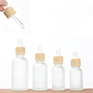 Flacon compte-gouttes de 30 ml Bouteilles rechargeables vides Flacon contenant cosmétique Pot en verre dépoli avec capuchon en bambou imité nmd