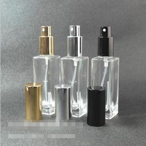 Flacon pulvérisateur de parfum en verre transparent vide de 30ML, atomiseur carré rechargeable de 1Oz avec bouchon de pompe noir or noir Prggk