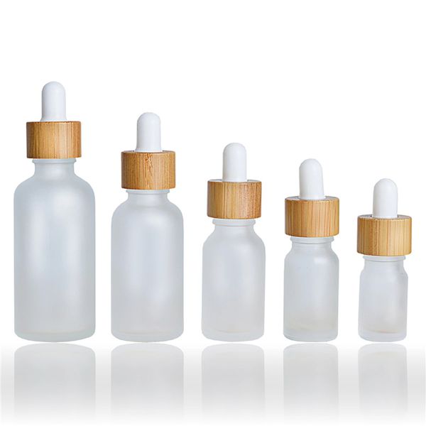 Botella cuentagotas esmerilada de 30ml y 50ml con tapa de bambú, botellas de pipeta, envases cosméticos líquidos recargables para aceite esencial