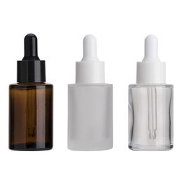 Botella de vidrio de 30ML, botellas de suero de aceite esencial redondas esmeriladas/transparentes/ámbar con gafas, cuentagotas, esencia cosmética, 3 colores