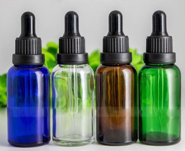 30-ml-Tropfflaschen aus Glas mit klarer blau-bernsteingrüner Farbe und Kunststoffkopfkappe, 1 Unze Augentropfen-Aromatherapie-Verpackungsflasche