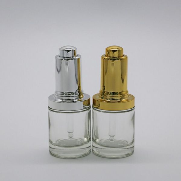 Bouteille d'huile essentielle en verre de 30ml/couvercle de presse en argent doré/flacon compte-gouttes en verre, récipient cosmétique pour sérum et acide hyaluronique