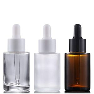 Bouteilles de parfum d'huile essentielle en verre de 30 ml Pipette de réactif liquide Flacon compte-gouttes Flacon cylindrique à épaule plate Transparent / Givré / Ambre Dhhhw