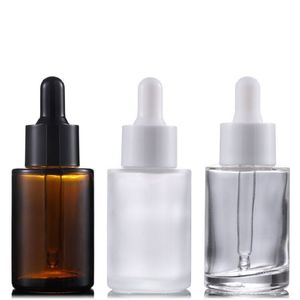 Botellas de perfume de aceite esencial de vidrio de 30 ml Botella cuentagotas de pipeta de reactivo líquido Botella cilíndrica de hombro plano Transparente / Esmerilado / Ámbar LL