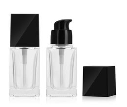Bouteille à pompe carrée en verre transparent de 30 ml avec pompe en plastique noir, récipient vide, idéal comme bouteilles d'huile essentielle, bouteilles de lotion liquide S9141800