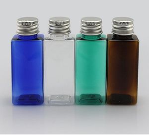 Botella de tapa de aluminio de forma cuadrada de 30 ml, botellas de plástico PET ámbar, botella pequeña con tapa de metal, botella de almacenamiento de envases recargables de tarro vacío cosmético