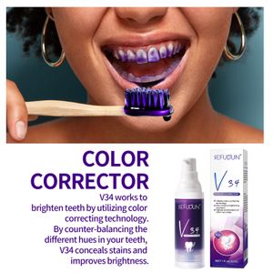 Dentifrice correcteur de couleur violette V34, 30ML, pour le blanchiment et le nettoyage des dents, haleine fraîche, élimination du tartre et des taches jaunes