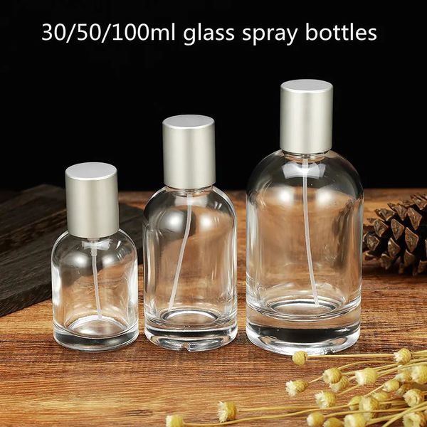 Bouteilles de parfum en verre transparent de qualité supérieure, bouteilles rondes vides, avec tête de pompe à sertir, 30ml, 50ml, 100ml, 240229