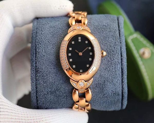 30 mm Femmes en acier inoxydable Ovale Quartz Regarder Roman Numerals Dames Madames Pink Mother of Pearl Shell Wristwatch CZ Diamond Clorde