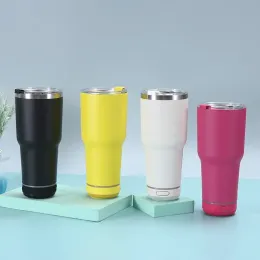 30oz muziekluidspreker beker met rietjes deksels dubbelwandige roestvrijstalen koffiekop drinkmokken met waterdichte draadloze Bluetooth-luidspreker afneembaar LED-licht