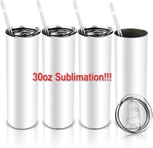 Gobelets à sublimation de 30 oz avec couvercle à pailles en acier inoxydable à double paroi tasses isolées sous vide tasse de voyage cadeau pour hommes et femmes blanc