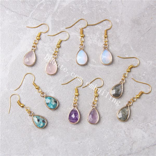 30pairs plaqué or Bezel améthyste véritable labradorite Rose Quartz synthétique Opal Gemstone Teardrop Dangle Boucles d'oreilles crochet pour les femmes