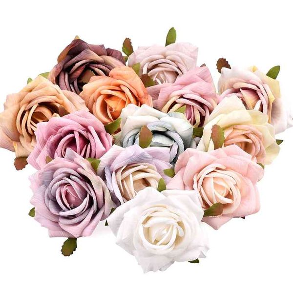 30 unids 6 cm pintura al óleo vintage rosa cabezas de flores de seda artificial decoración de la boda DIY guirnalda scrapbooking artesanía flores falsas 210925