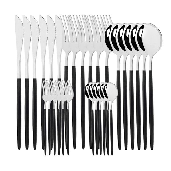 30pcs noir argent vaisselle ensemble en acier inoxydable couteau gâteau fourchette cuillère couverts ensemble cuisine vaisselle couverts ensemble en gros 211108