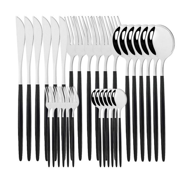 30pcs noir argent vaisselle ensemble en acier inoxydable couteau gâteau fourchette cuillère couverts ensemble cuisine vaisselle couverts ensemble en gros 211012