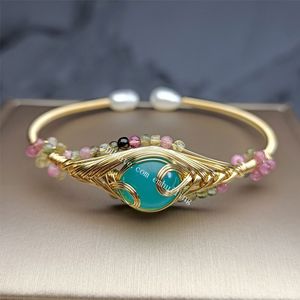 30 stks handgemaakte 14k goud gevulde draad gewikkeld natuurlijke regenboog toermalijn kristal amazoniet kraal boze ooguitbreidbare manchet armband