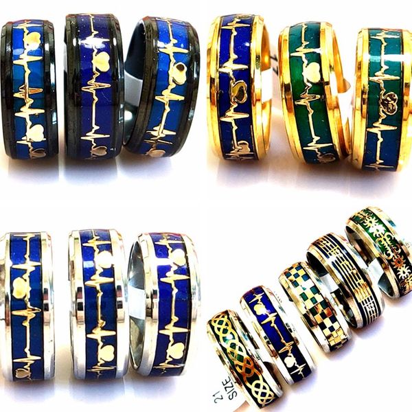 30 piezas de alta calidad de color superior Electrocardiograma Heart Beat Mood Ring Anillos de cambio de color de acero inoxidable 8 mm Hombres Mujeres Joyería Lotes al por mayor