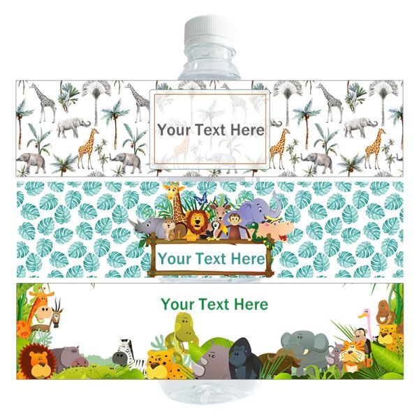 30 piezas de animales de la jungla tema personalizado nombre de botella de agua etiqueta etiqueta animales de la jungla baby shower favores de botella etiqueta
