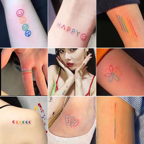 30 pièces coréen Ins Hyunya tatouage autocollant Kawaii mignon dessin animé ligne doigt Bracelet coloré souriant visage cou pied tatouage autocollant