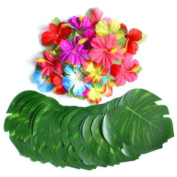 30pcs Feuilles + 24 Fleurs Luau Maui Moana Anniversaire Summer Beach Party Belle Décoration De Table Hawaïen Thème Tropical Xmas 211109