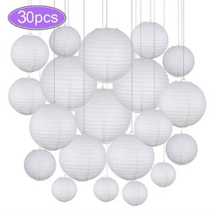 30 stks / partij 4 '' - 12 '' Mix Maat Chinese Papier Balverlamping Opknoping Wit Bruiloft Decoratie Papier Lantaarns Lampenkap Party Decor 211216