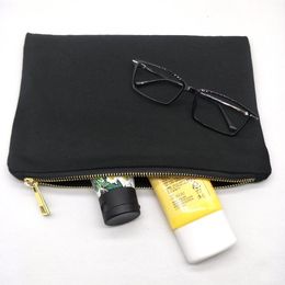 30pcs / lot sac cosmétique en toile de coton noir uni avec doublure noire toile vierge pochette zippée en or sac d'impression personnalisé usine DHL s230M
