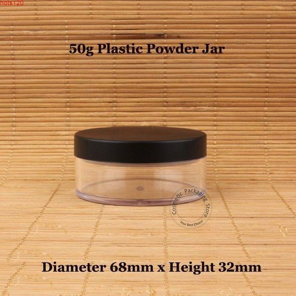 30pcs / lot en gros 50g pot de poudre en plastique en vrac avec tamis 50ml bouteille crème cosmétique conteneur noir mat capuchon maquillage compacthood qt Exri