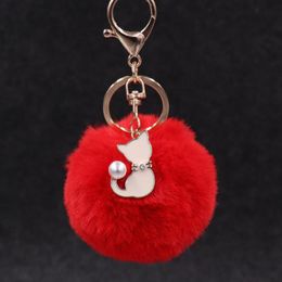30 stks / partij vrouwen mode-sieraden sleutelhangers tas hanger decoraties pluche ballen met kat sleutelhanger voor meisjes accessoires