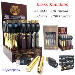 30pcs / pack Brass Kunckles Bk Kit de batterie de préchauffage 510 cartouches de fil Atomiseur d'huile Stylo à vapeur Tension variable 900mAh Batteries 3 couleurs avec chargeur USB