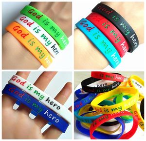 30pcs Religieuze sieraden GOD IS MY HERO Flexibele Kleurrijke Jelly Polsbandjes Jongen Meisje Siliconen Armbanden Koppels Manchet Minnaar Gift Birt2419675