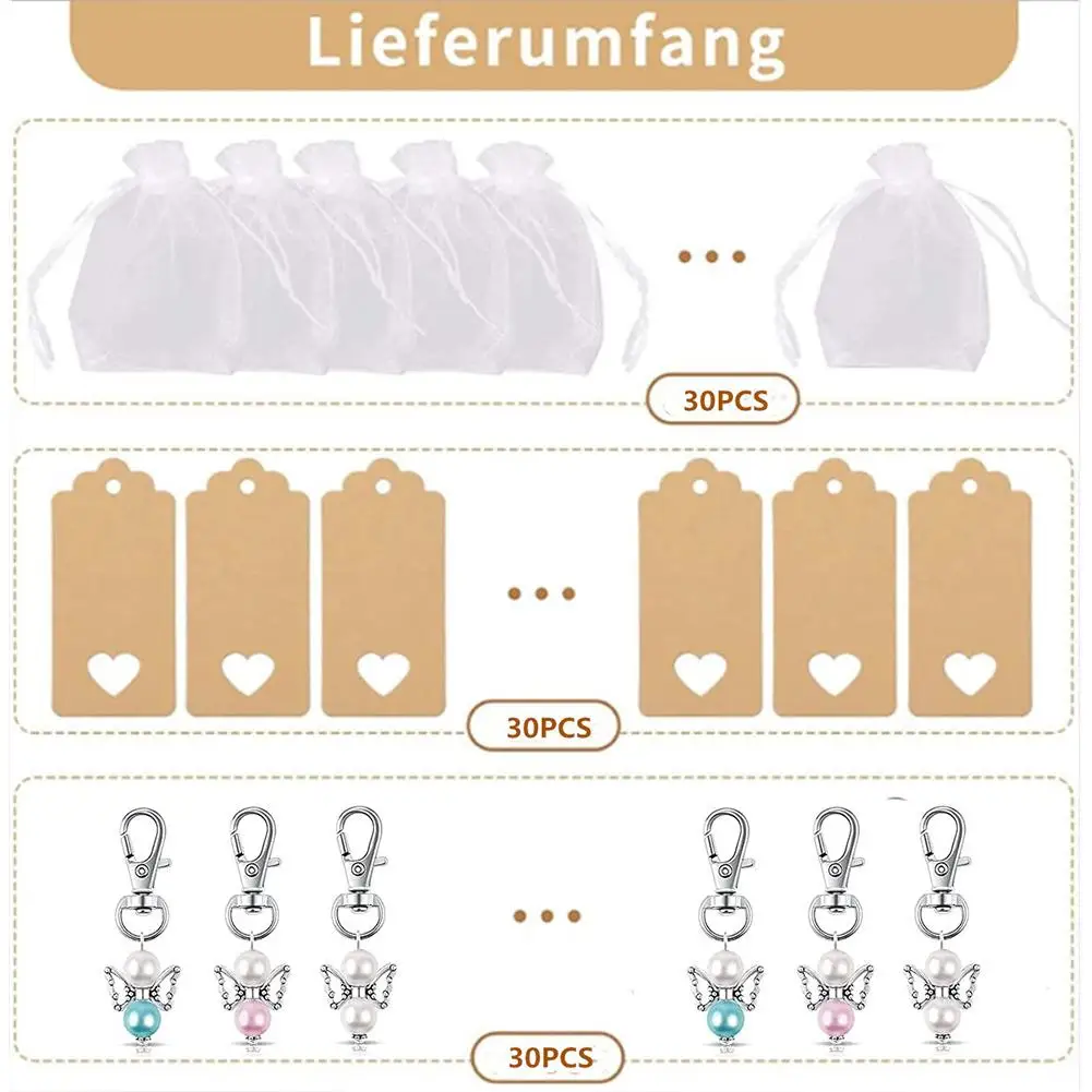 30 -stcs/set Angel Design Keychain Gunsten Set White Organza Gift Bags Dank u Kraft Tags voor Baby Shower Bruiloft Verjaardagsfeestje