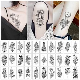 30pcs / set Autocollant De Tatouage Temporaire Femmes Étanche Noir Rose Faux Tatouage Corps Mains Bras Jambe Fleurs Tatouage Temporaire Femme